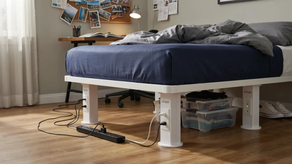 14. Adjustable Bed Risers with Outlet