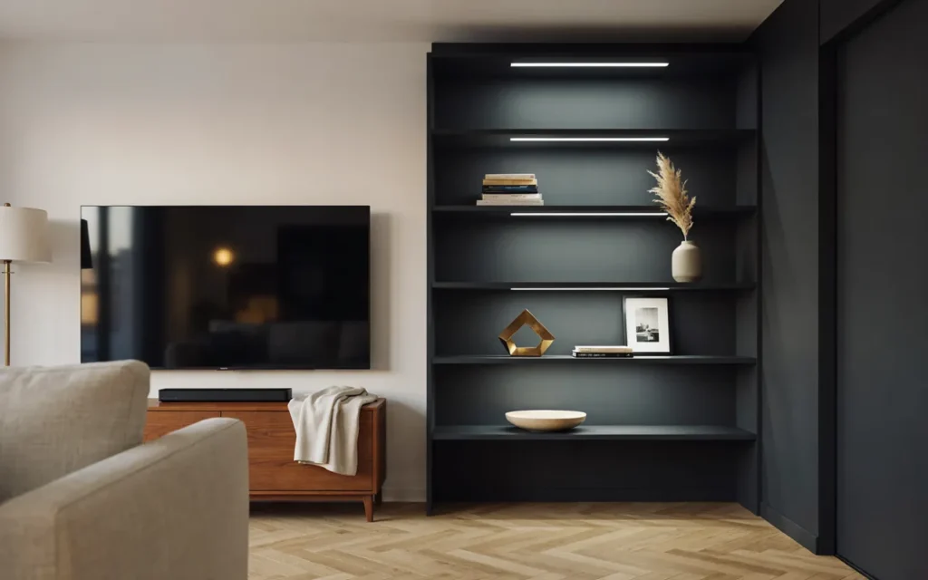 14. Black Wall With Hidden Storage and LED Shelving