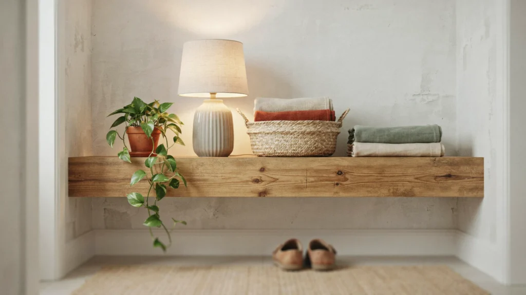 15. Add a Small Table Lamp on a Bench or Shelf