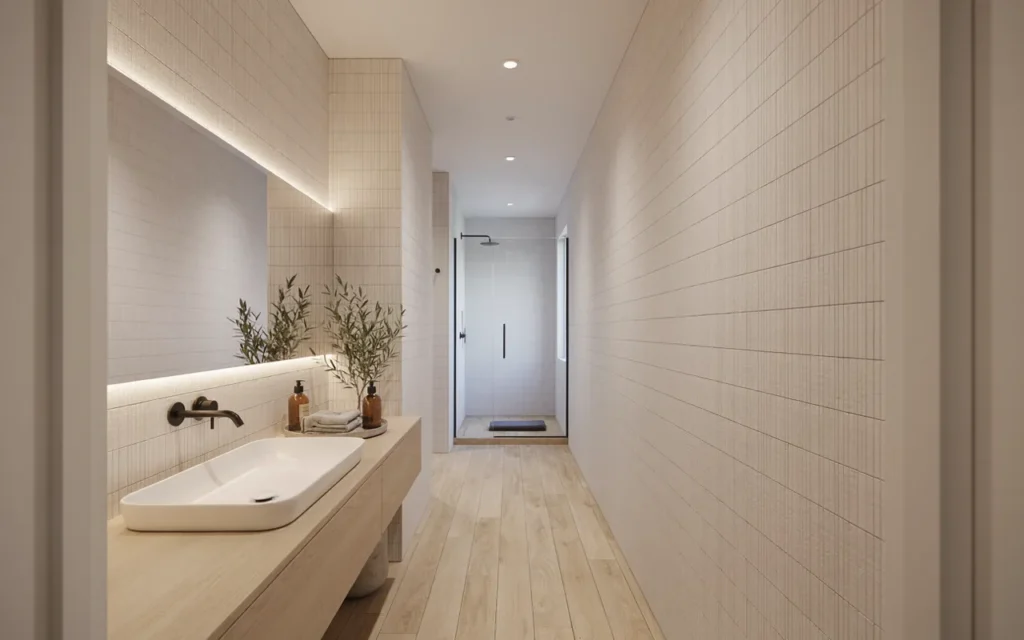 16. Long Narrow Bathroom With Horizontal Details