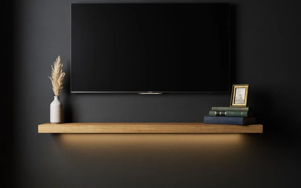 19. Black Wall With LED Strip Under a Floating Shelf