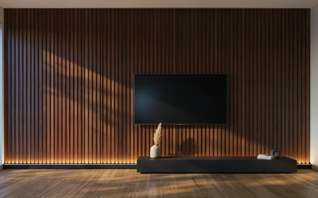 2. Dark Slatted Wood Panel With LED Accents
