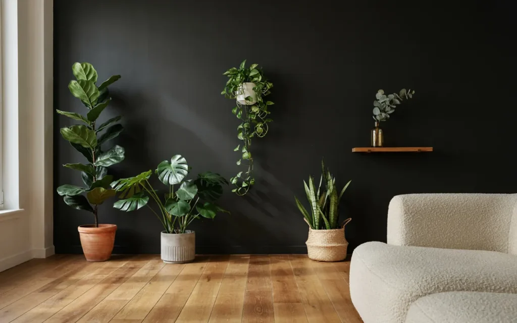 20. Black Wall With Greenery Accents