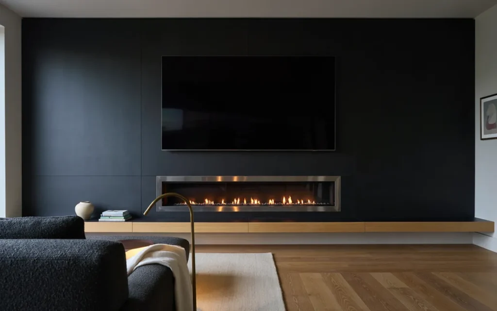 3. Black Wall With a Built-In Fireplace Glow