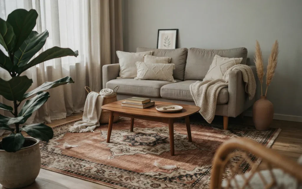 4. Grey Sofa With A Vintage Boho Rug