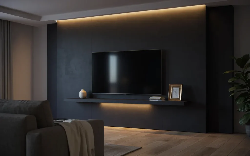 4. Matte Black Media Wall With Warm Ambient Lighting