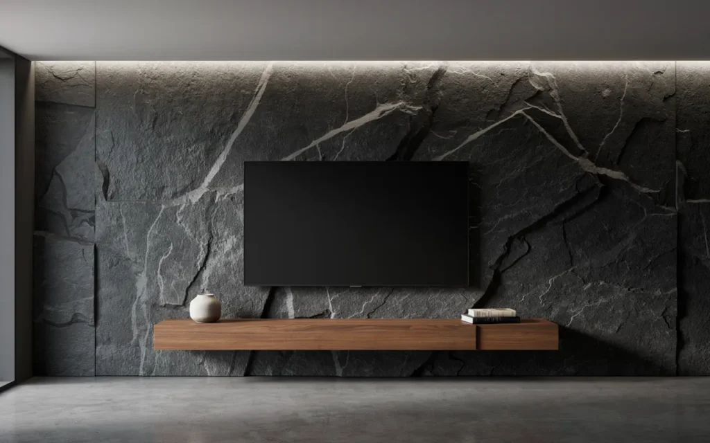 6. Black Textured Stone TV Wall