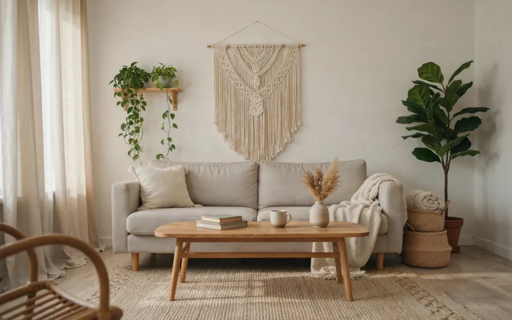 6. Grey And White Boho Living Room