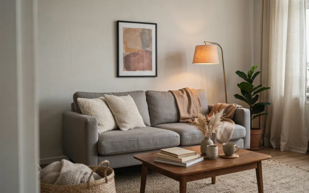 7. Soft Gray Sofa With Layered Cushions